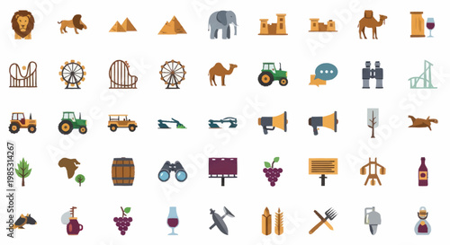 Collection of diverse flat icons representing various concepts and objects.