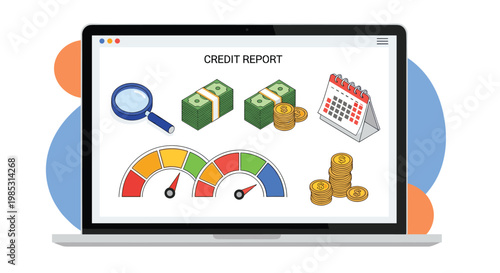 Laptop screen displaying a comprehensive credit report dashboard with graphs, cash, and financial data icons.