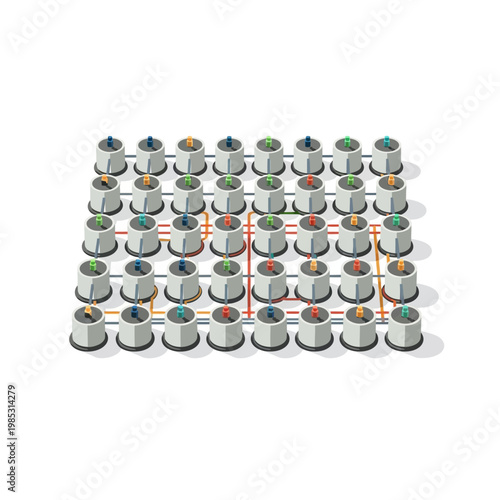 Network of connected industrial knobs with lights, technology concept