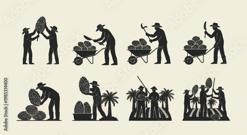Farmers harvesting and transporting crops in a series of illustrations.