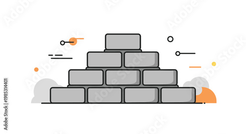 Stacked grey bricks arranged in pyramid shape symbolizing strong foundation or building process in simple graphic style.