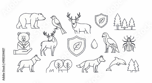 Collection of Wildlife and Nature Icons in Outline Style.