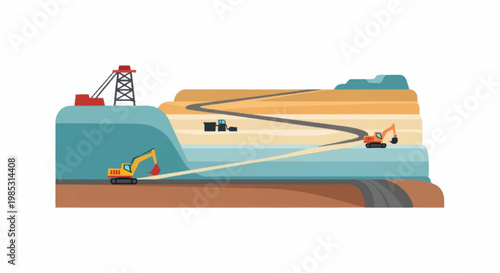 Illustration of open pit mining operations with excavators and machinery.