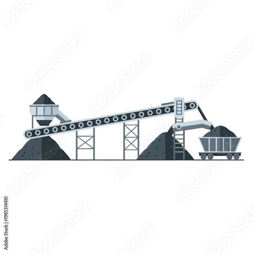 Coal mining conveyor belt transferring fuel into a mine cart, industrial process