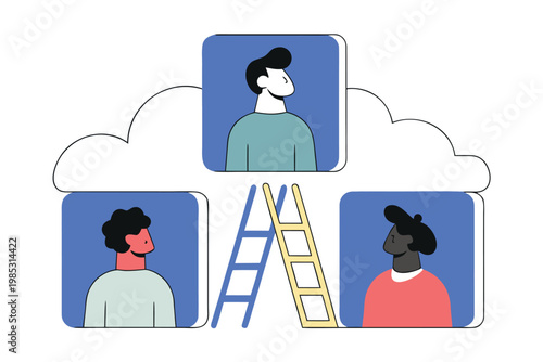 A diverse group of people connected by a ladder to a cloud