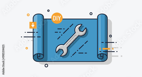 Industrial concept illustration featuring rolled blue paper scroll with wrench symbol representing DIY and repair projects.