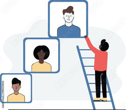 A cartoon woman on a ladder placing a person's profile picture