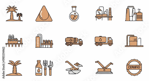 Collection of Industrial Icons Representing Oil and Gas Industry.
