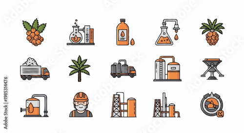 Set of icons representing biofuel production and industry.
