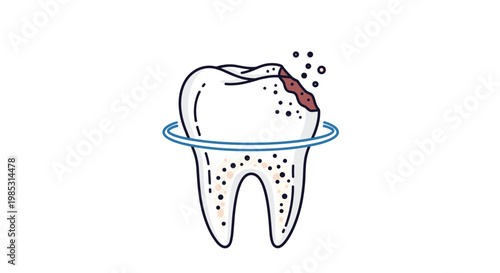 Conceptual illustration of a damaged human tooth with caries being protected by a glowing blue circular ring element.