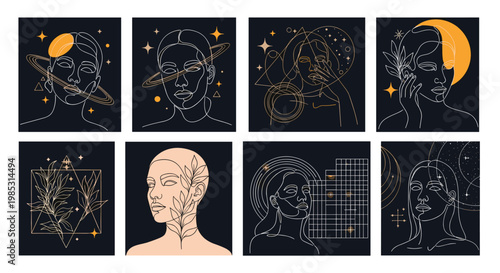 Beautiful collection of eight feminine line art portraits incorporating moons, planets, and celestial themes on dark backgrounds.