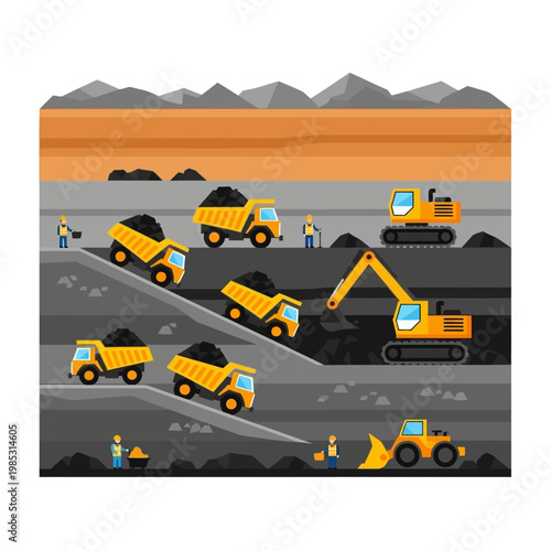 Coal Mining Operation: Excavators, Dump Trucks, and Workers in Open Pit Mine