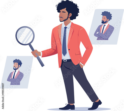 A cartoon man in a suit holding a magnifying glass examining portraits