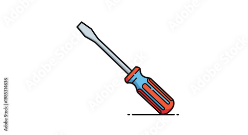 Detailed illustration of flathead screwdriver with blue and red handle isolated on white background for tool catalogs.