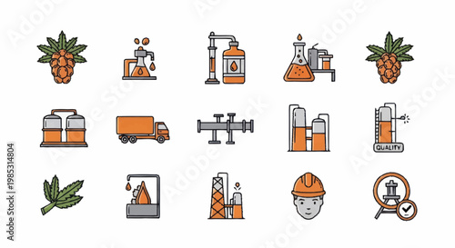 Set of Industrial Icons Representing Oil and Gas Industry.