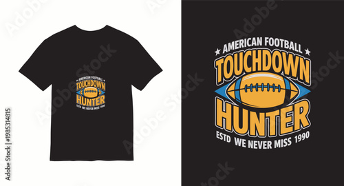 American football touchdown hunter graphic design with ball and text.