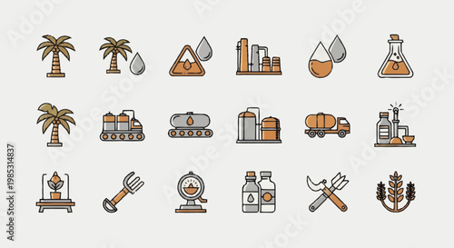 Collection of Industrial Icons Representing Oil and Gas Industry.