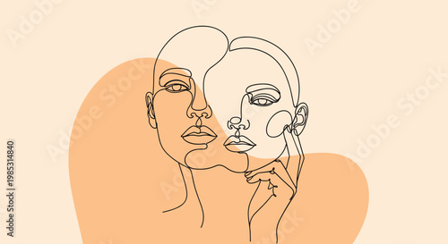 Minimalist continuous line art illustration of two overlapping female faces on soft orange abstract shape background.