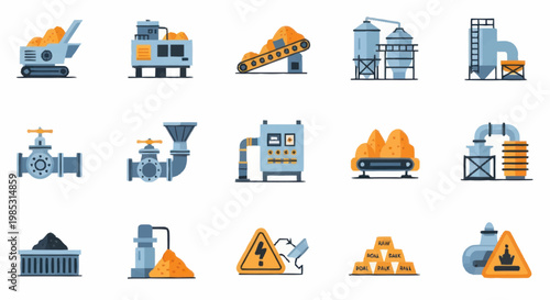 Industrial factory equipment and machinery icons set.