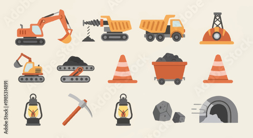 Collection of mining industry equipment and tools.