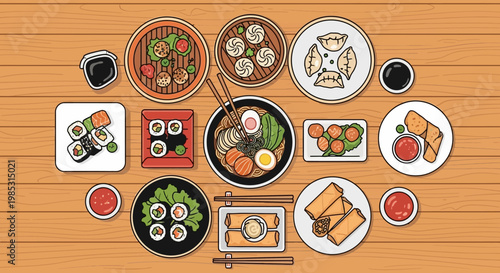 Asian Food Collection with Sushi, Dim Sum, Ramen, and Spring Rolls Line Art Illustration on Wood Background