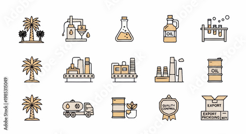 Palm oil production industry icons set vector illustration.