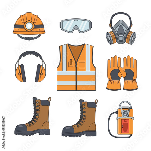 Construction Safety Gear Set: Hard Hat, Respirator, Vest, Boots, Gloves, Goggles, Earmuffs