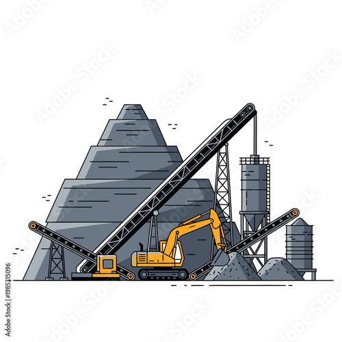 Construction site with excavator, conveyor belts, and gravel piles, industrial quarry scene
