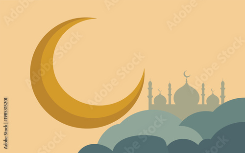 Crescent moon shines over a serene mosque landscape at dusk.