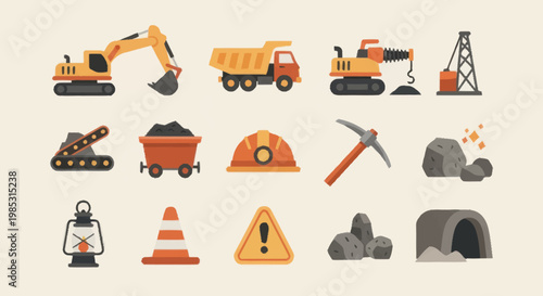 Collection of mining industry equipment and tools icons.