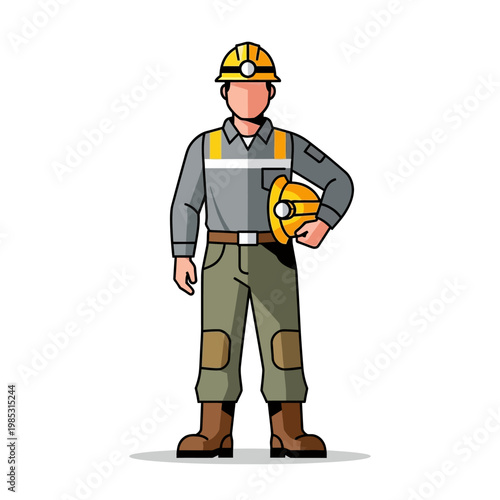 Construction worker in hard hat and uniform, holding helmet, isolated on white background