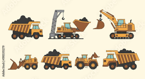 Collection of mining construction vehicles and heavy machinery.