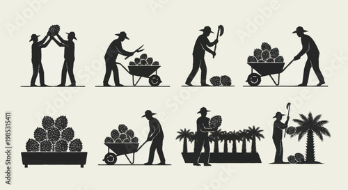 Farmers harvesting and transporting crops in silhouette.