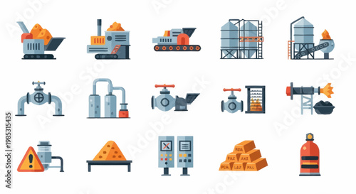 Industrial equipment and materials icons set.