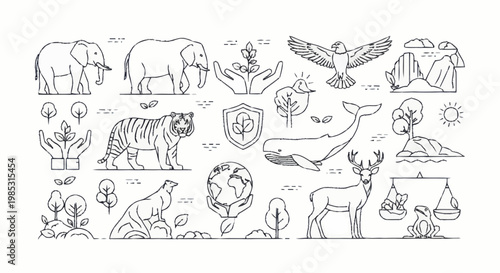 Collection of diverse animal and nature conservation line art icons.
