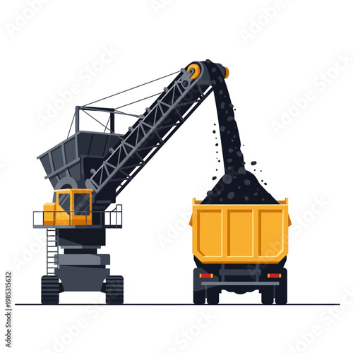 Industrial coal loader machine pouring material into a dump truck, heavy machinery concept.