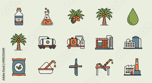 Palm Oil Production Industry Icons Set.