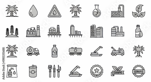 Collection of industrial and agricultural icons and symbols.
