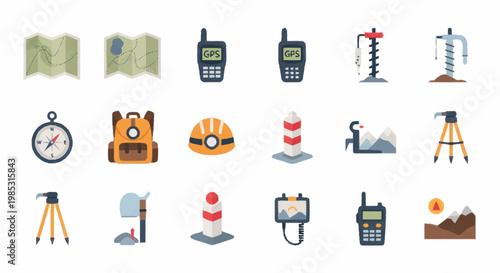 Surveying Equipment and Tools Collection Icons.