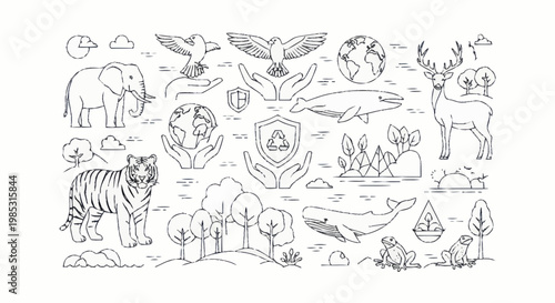 Collection of Hand Drawn Wildlife and Environmental Icons.