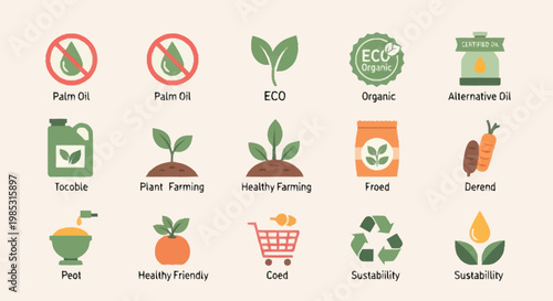 Set of Icons Representing Sustainable Agriculture and Healthy Living.