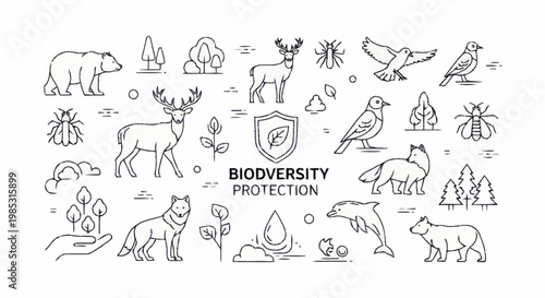 Biodiversity Protection Icons Featuring Animals Plants and Nature Elements.