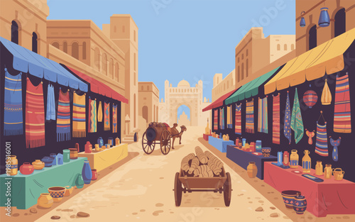 Vibrant market scene with camel and cart on a sunny day in a desert city street lined with colorful stalls and buildings.
