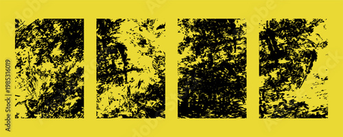 Set of four grunge textures, black distressed brush strokes on yellow background, abstract vector elements for design, rough paint splatters, ink stains