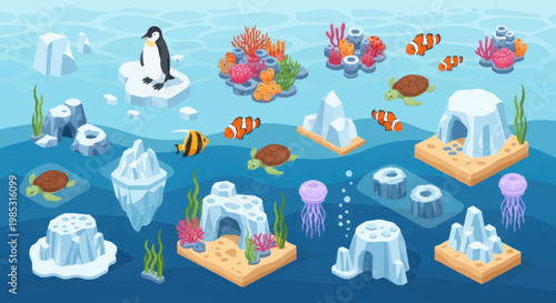 Underwater Scene With Penguin Coral Fish and Icebergs.