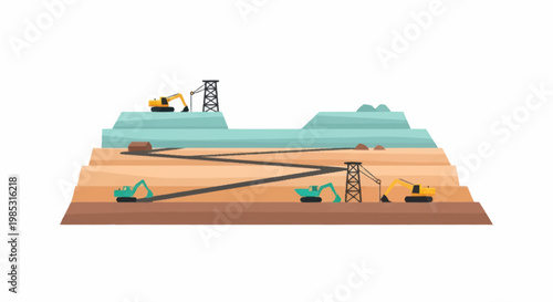 Illustration of an open pit mine with heavy machinery and infrastructure.