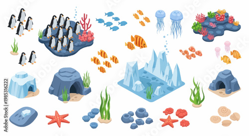 Underwater World Elements Collection Penguin Coral Fish Jellyfish.