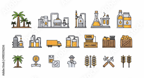 Collection of industrial and agricultural icons representing production and manufacturing processes.