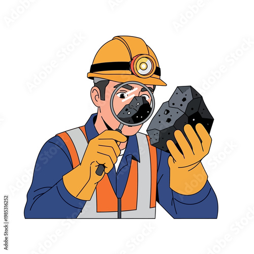 Miner Inspecting Ore Sample with Magnifying Glass, Mining Industry Illustration