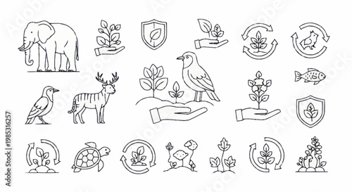 Collection of nature and conservation icons with animals and plants.